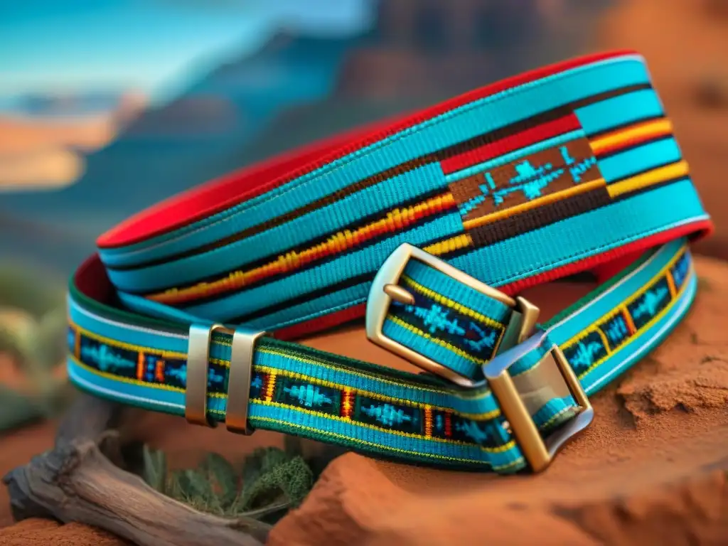 Un cinturón navajo tradicional con vibrantes colores y detallados patrones de tejido, resaltando el significado cultural de estos accesorios icónicos