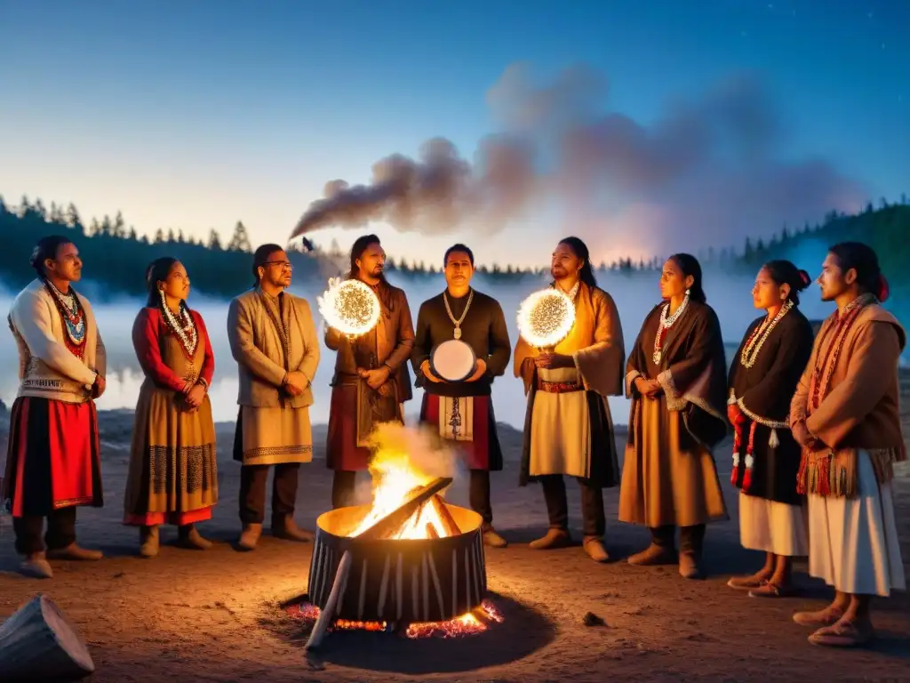 Un círculo de activistas indígenas en atuendos tradicionales alrededor de una fogata bajo un cielo estrellado en la noche