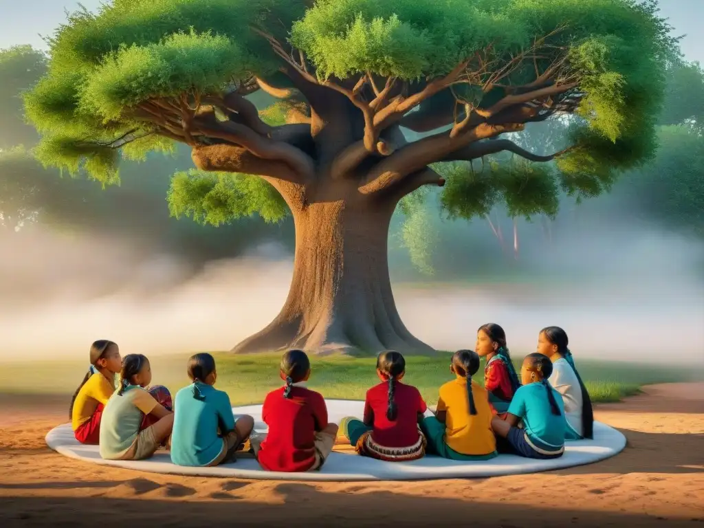 Un círculo de niños sioux escuchando a un anciano bajo un árbol con libros y artefactos tribales, integrando educación indígena reservas Sioux