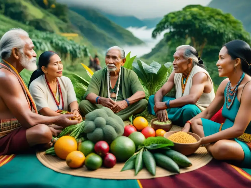 Un círculo de ancianos indígenas comparte sabiduría sobre nutrición ancestral entre abundantes frutas y hierbas