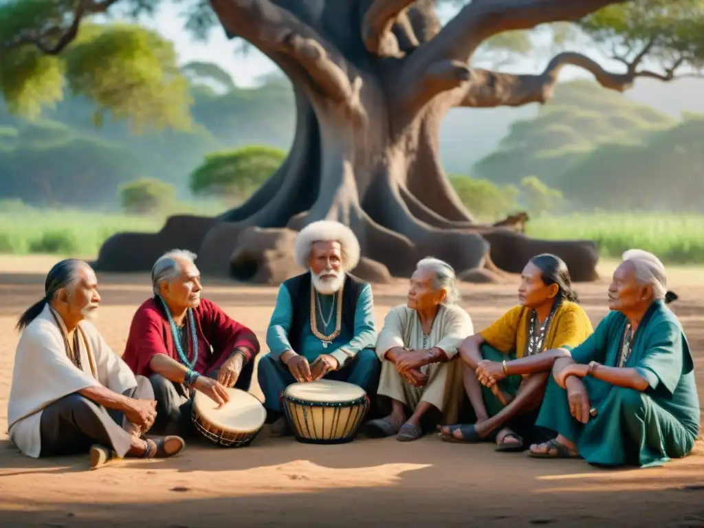 Círculo de ancianos indígenas bajo árbol ancestral, compartiendo sabiduría y música, en un bosque exuberante