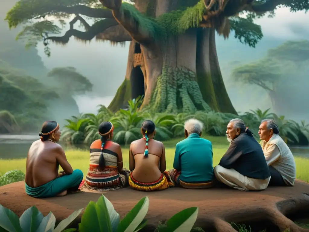 Un círculo de ancianos indígenas bajo un árbol ancestral, conectados con la naturaleza y sabiduría ancestral