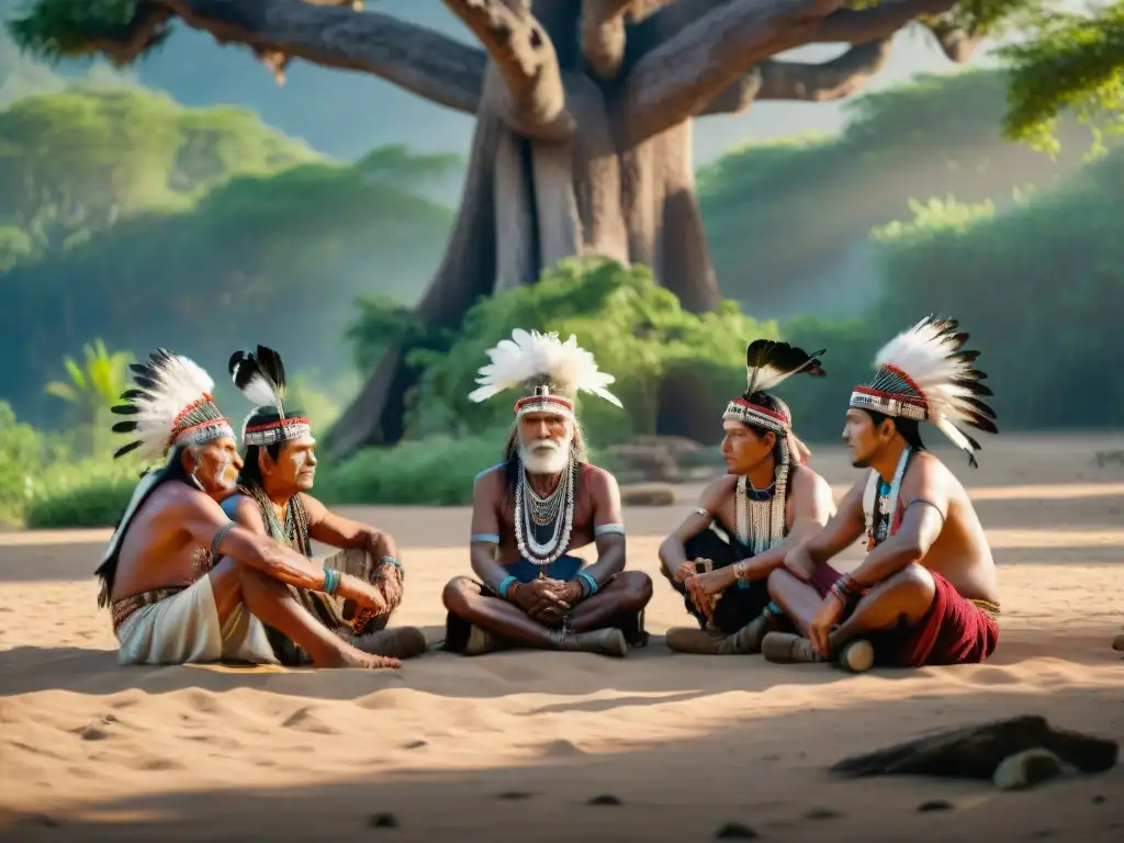 Savia ancestral: Círculo de sabiduría indígena bajo árbol centenario Un círculo de ancianos indígenas bajo un árbol ancestral, transmitiendo sabiduría y tradición