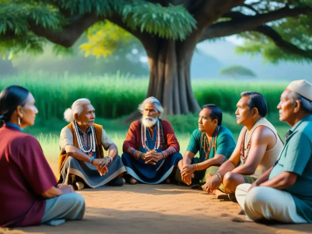 Un círculo de ancianos indígenas bajo un árbol, vistiendo atuendos tradicionales