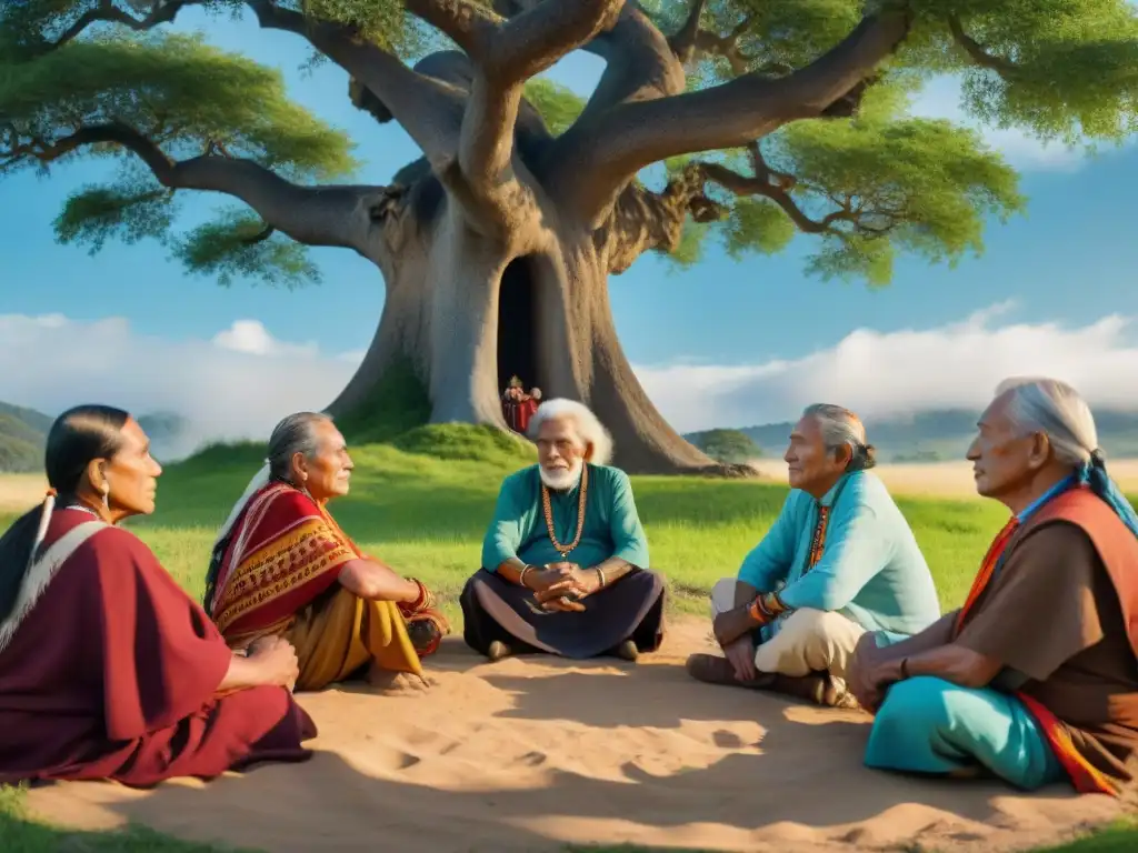 Un círculo de ancianos indígenas bajo un árbol, con atuendos tradicionales y expresiones sabias, preservando derechos lingüísticos indígenas