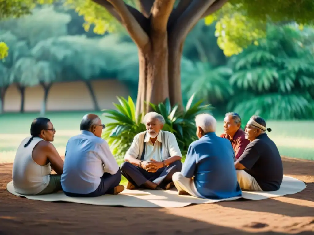 Conversación ancestral bajo el árbol: sabiduría indígena Un círculo de ancianos indígenas comparte sabiduría bajo un árbol frondoso