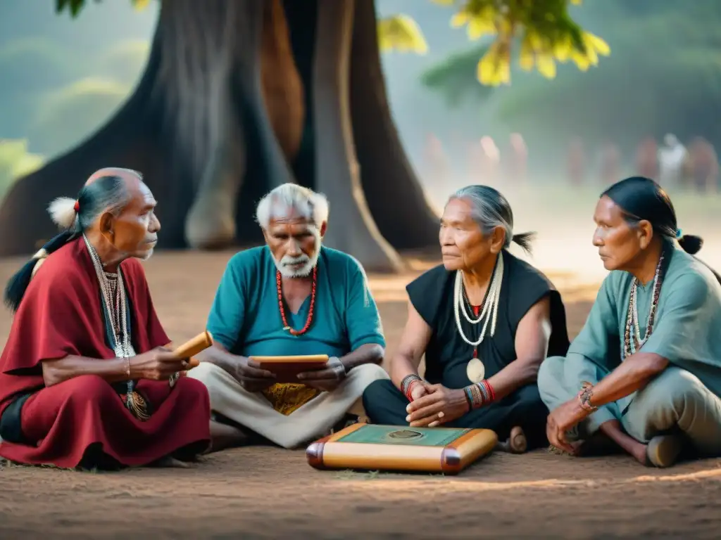 Círculo de ancianos indígenas bajo un árbol, con instrumentos tradicionales y una app de preservación de lenguas indígenas en una tableta digital