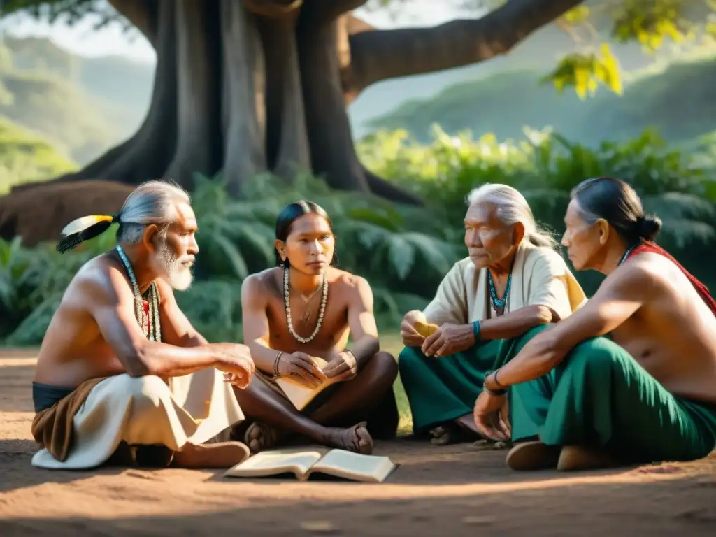 Un círculo de ancianos indígenas bajo un árbol, leyendo libros en su idioma nativo, reflejando sabiduría y tradición