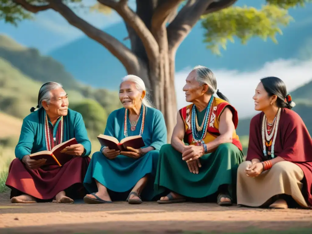 Un círculo de ancianos indígenas bajo un árbol, discutiendo animadamente