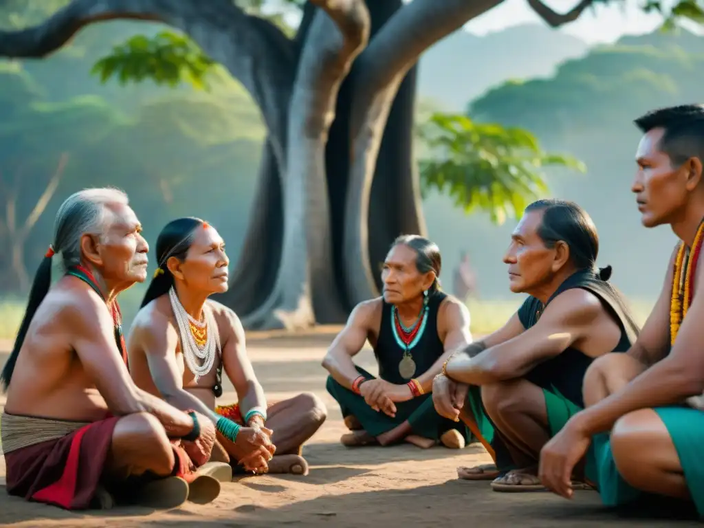 Un círculo de ancianos indígenas comparte sabiduría bajo un ceiba centenario