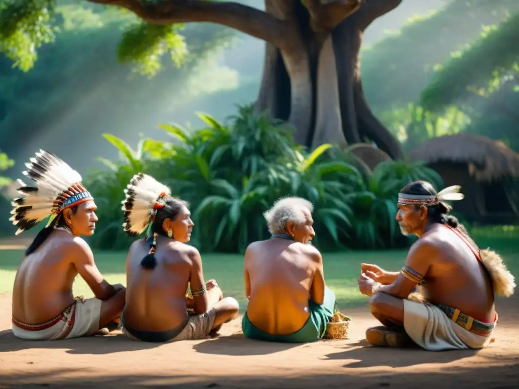 Consejo ancestral bajo árbol centenario: sabiduría indígena Un círculo de ancianos indígenas comparte historias bajo un árbol frondoso