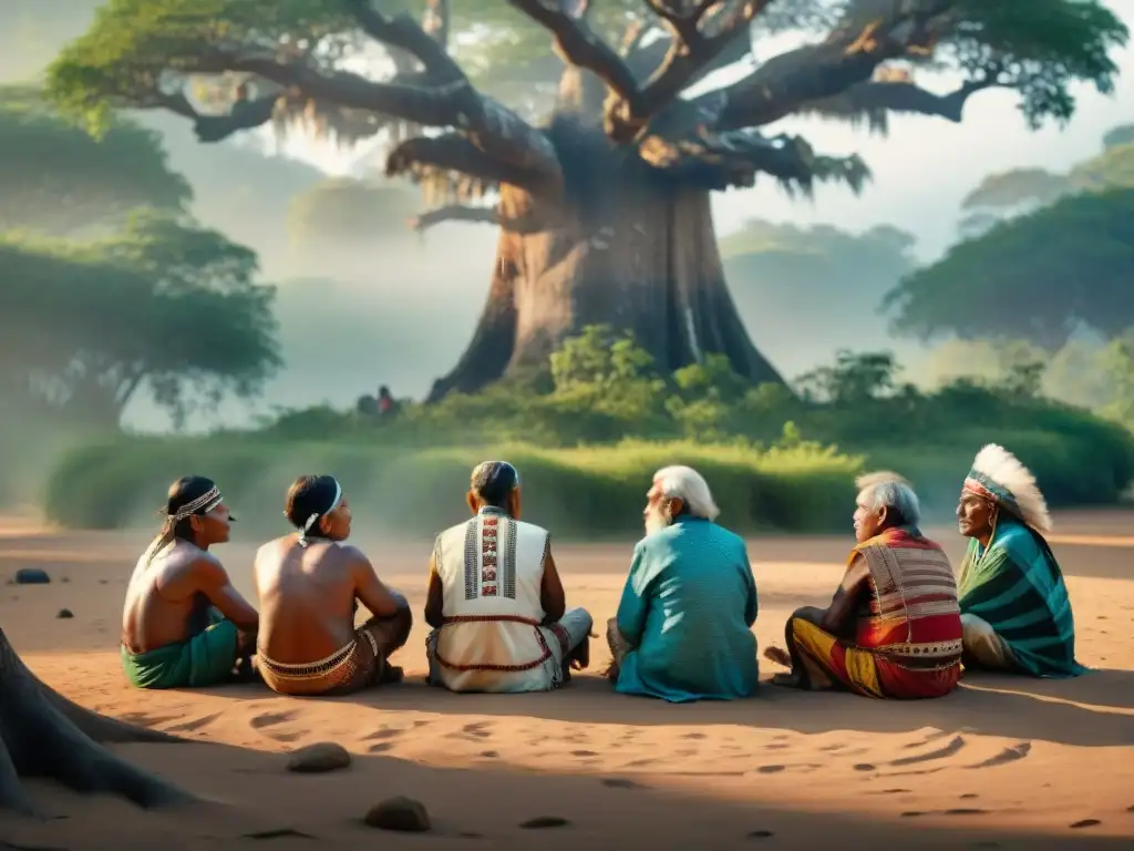 Círculo de ancianos indígenas debatiendo bajo un árbol, resaltando la importancia de las lenguas indígenas en peligro