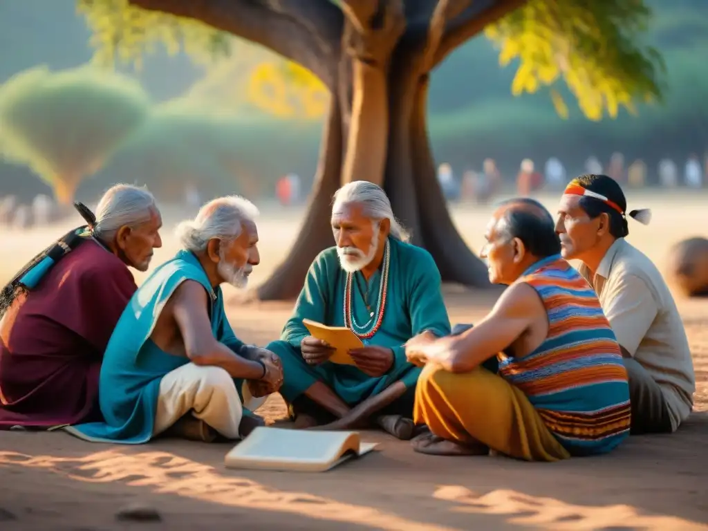 Un círculo de ancianos indígenas debatiendo bajo un árbol al atardecer, preservación de lenguas indígenas mediante lingüística