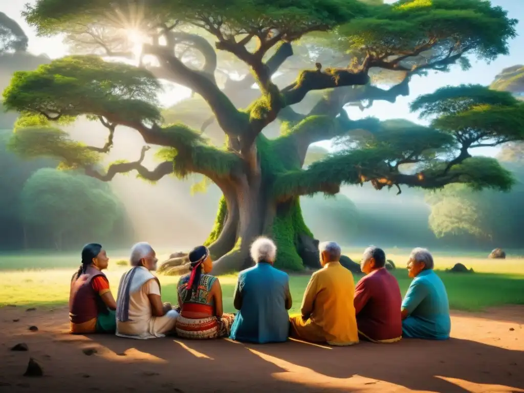 Círculo de ancianos indígenas en conversación bajo un árbol ancestral, creando una atmósfera espiritual y serena