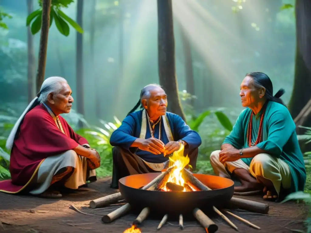 Un círculo de ancianos indígenas en atuendo tradicional, reunidos alrededor de una fogata sagrada en un bosque exuberante