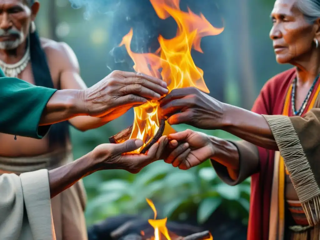 Un círculo de ancianos indígenas en atuendos tradicionales, unidos en torno a una fogata sagrada en un bosque vibrante