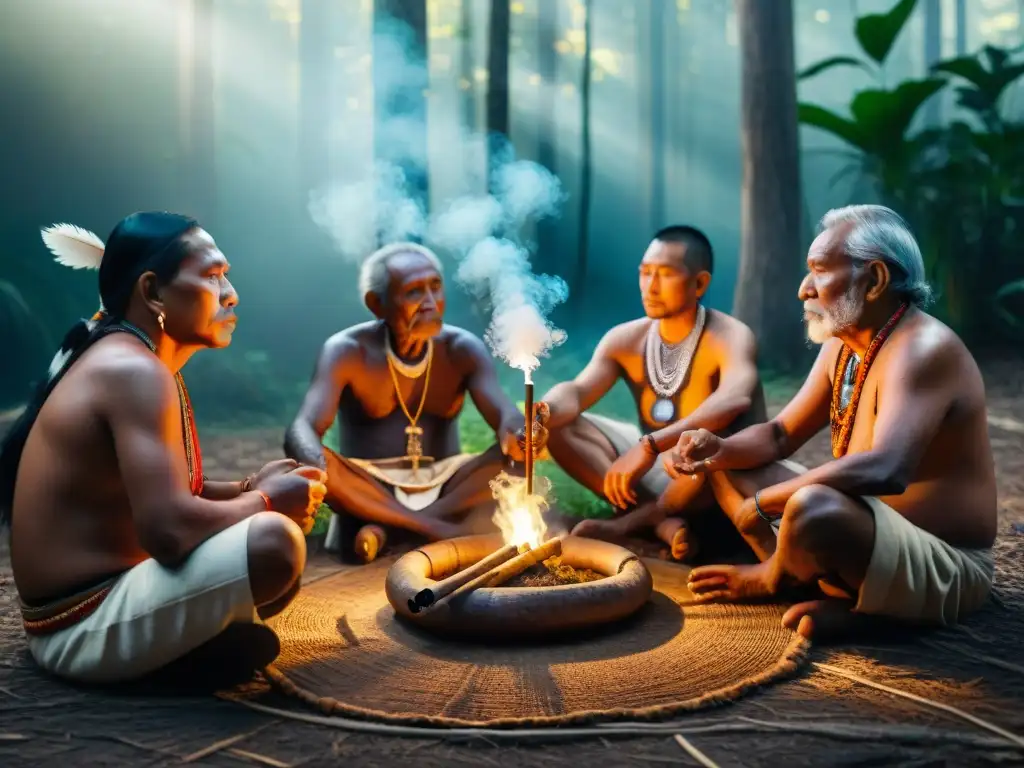 Un círculo de ancianos indígenas en un bosque, compartiendo un tabaco sagrado en un ritual ancestral