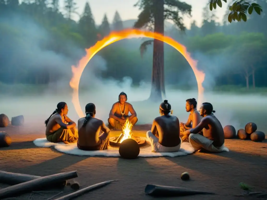 Un círculo de ancianos indígenas en un claro del bosque al amanecer, en una ceremonia sagrada