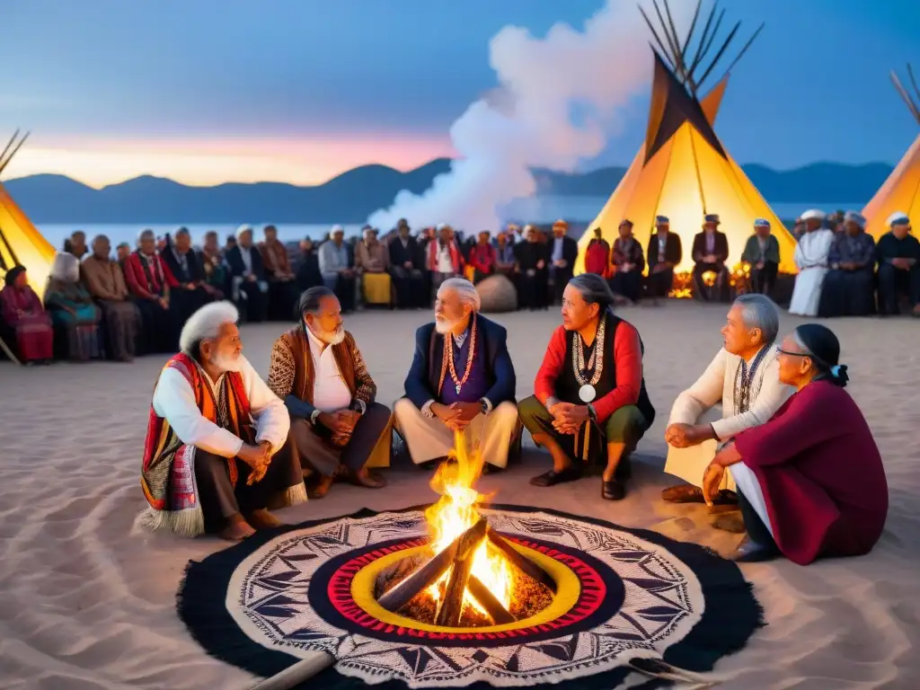 Un círculo de ancianos indígenas en COP26, iluminados por la fogata, compartiendo sabiduría en un escenario de propuestas indígenas y derechos