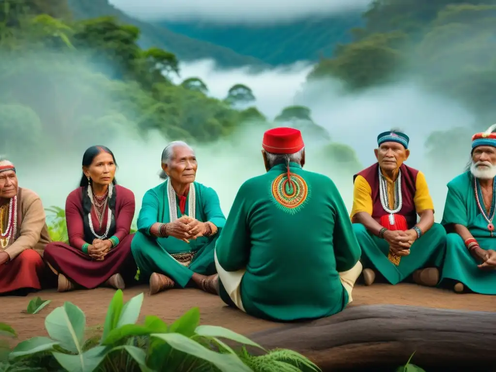 Un círculo de ancianos indígenas firmantes en su lengua de signos, en un bosque verde, con trajes tradicionales y símbolos culturales