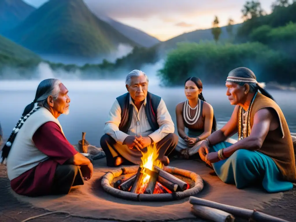 Un círculo de ancianos indígenas alrededor de una fogata, en profunda contemplación, vestidos con símbolos culturales