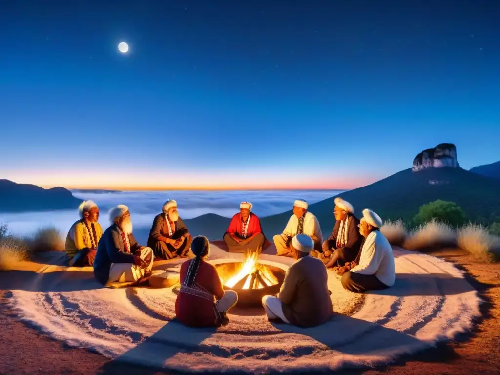 Un círculo de ancianos indígenas alrededor de una fogata, bajo la luna llena, tocando instrumentos tradicionales