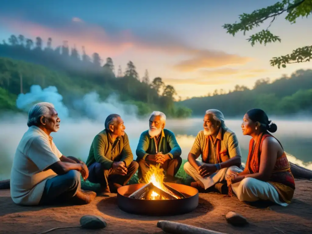 Un círculo de ancianos indígenas alrededor de una fogata en el bosque, con atuendos tradicionales y gestos animados