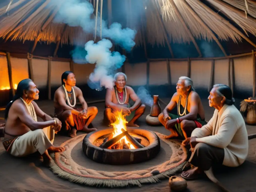 Círculo de ancianos indígenas en conversación alrededor del fuego en una choza ceremonial iluminada