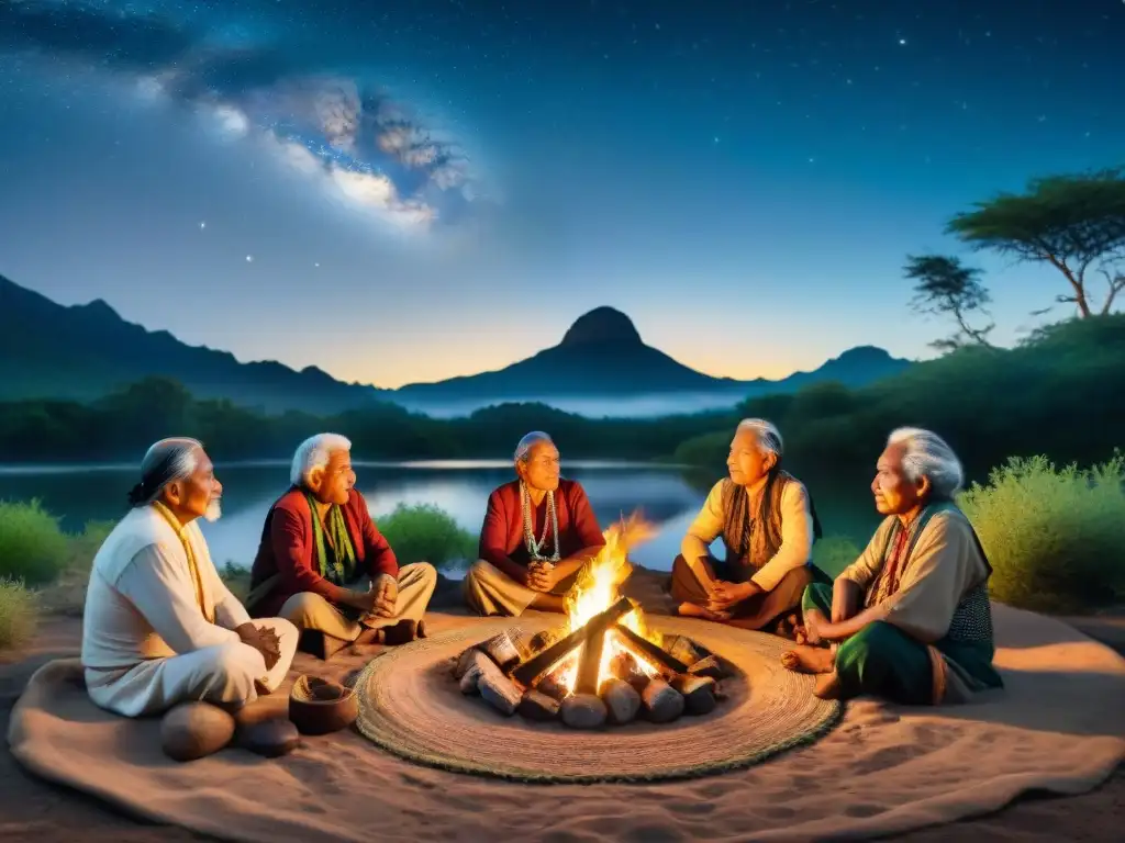 Círculo de ancianos indígenas en conversación alrededor del fuego bajo un cielo estrellado, evocando sabiduría y conexión espiritual con la naturaleza