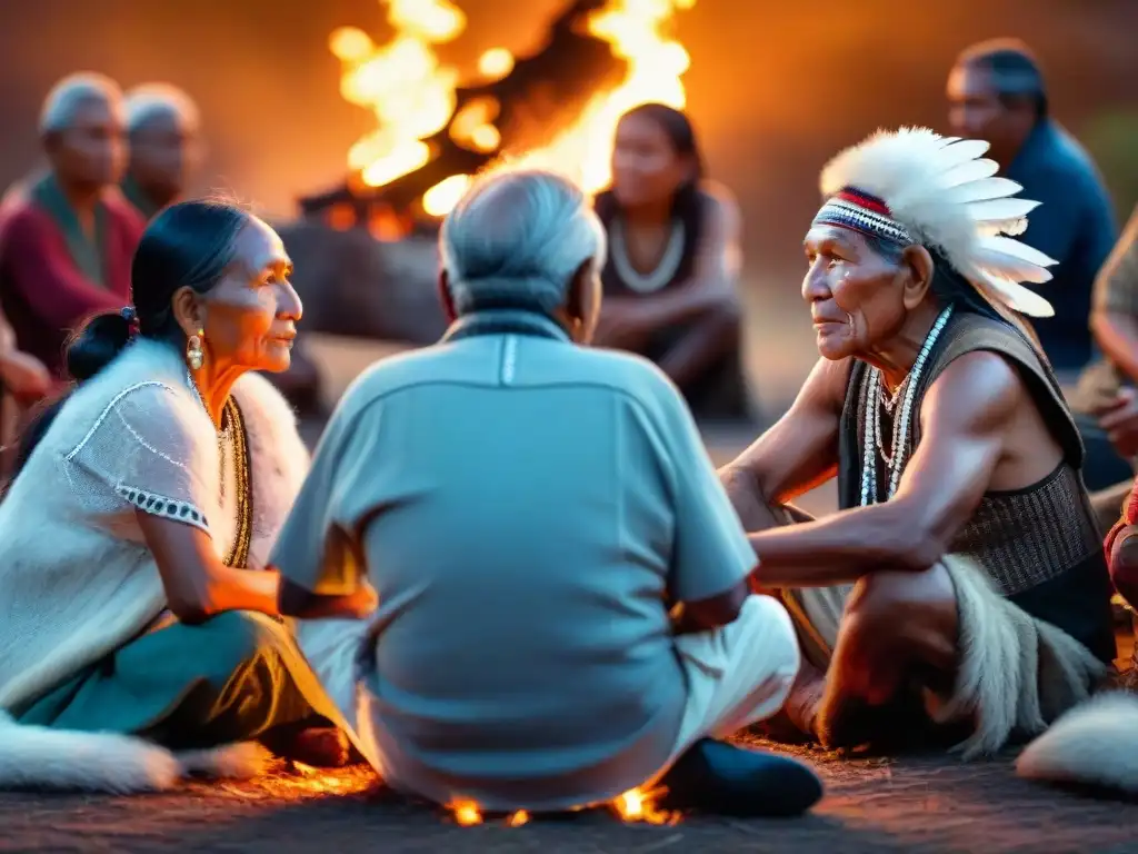 Un círculo de ancianos indígenas alrededor del fuego, bajo un cielo estrellado, transmitiendo sabiduría de generación en generación