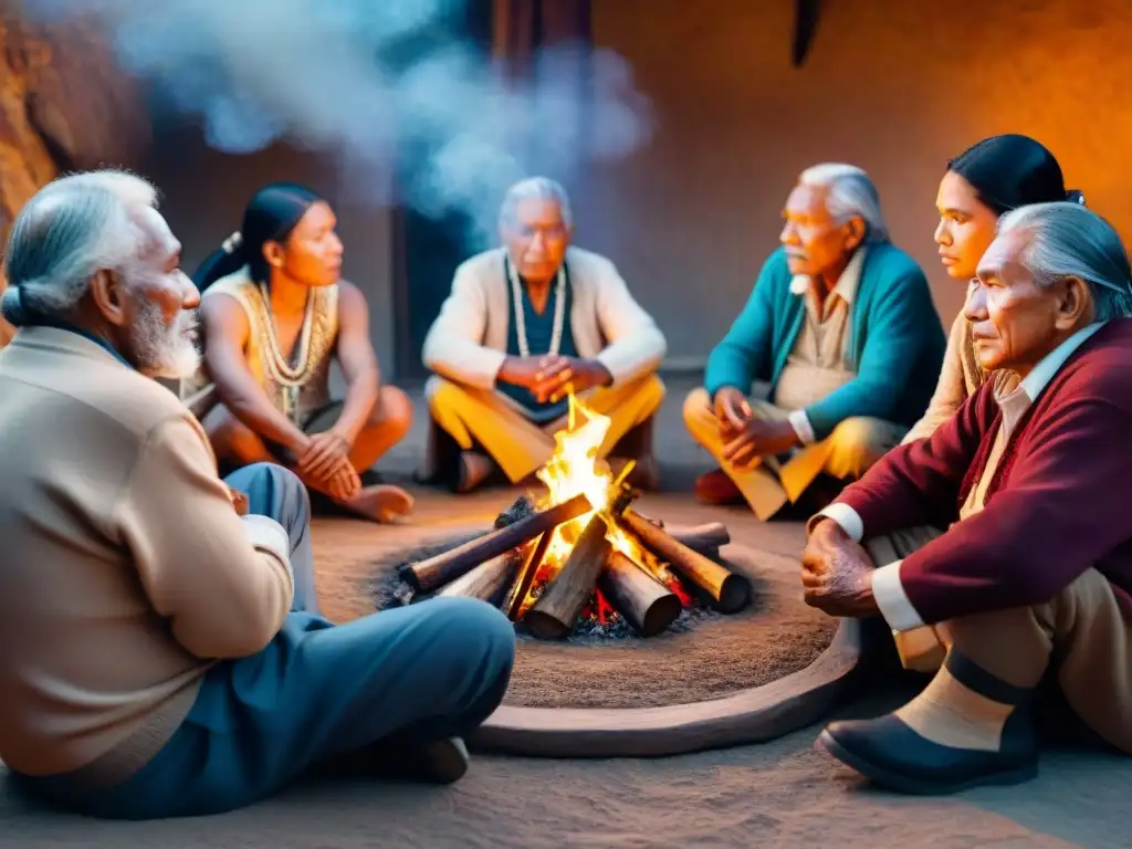 Un círculo de ancianos indígenas alrededor del fuego, compartiendo tradiciones orales