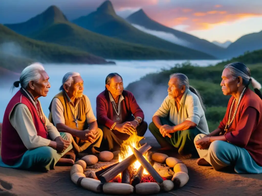 Un círculo de ancianos indígenas tocando instrumentos tradicionales alrededor del fuego