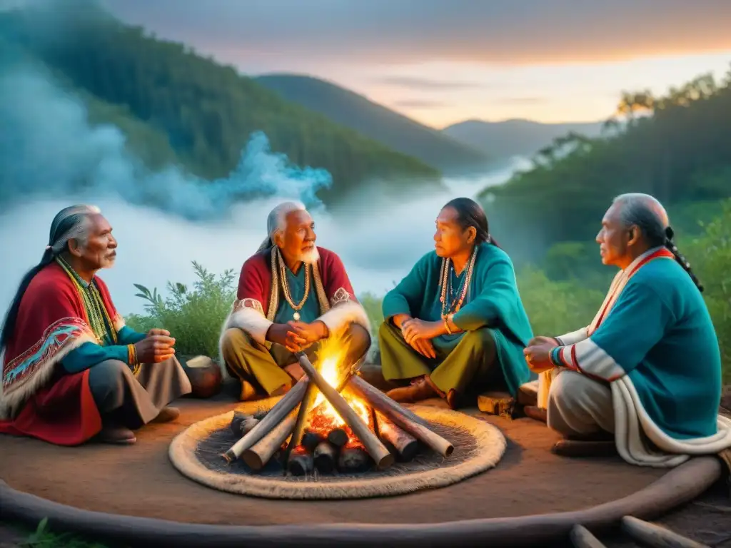 Círculo de ancianos indígenas tocando instrumentos musicales en el bosque