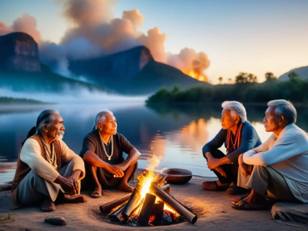 Un círculo de ancianos indígenas junto al fuego, transmitiendo sabiduría espiritual