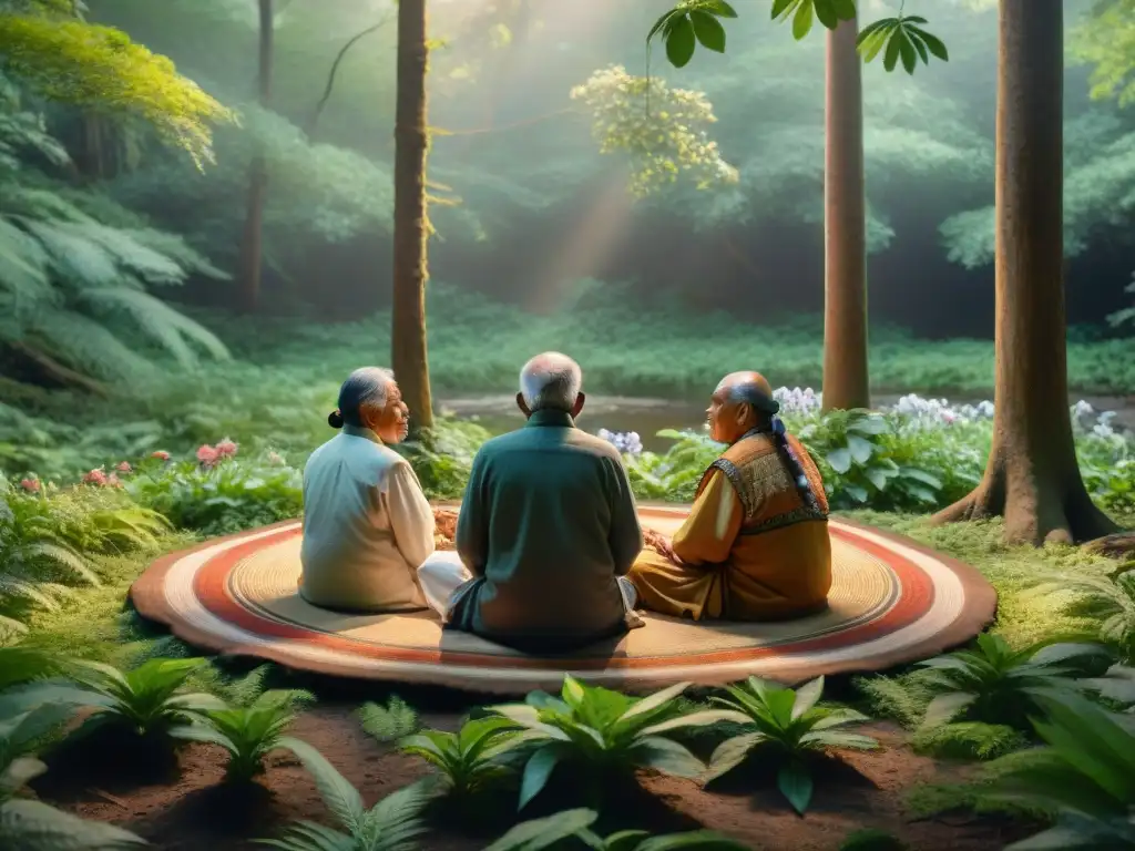 Círculo de ancianos indígenas meditando en la naturaleza: raíces de sabiduría y conexión espiritual