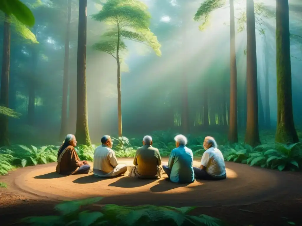 Círculo de ancianos indígenas meditando en la naturaleza: sabiduría ancestral y serenidad en la floresta