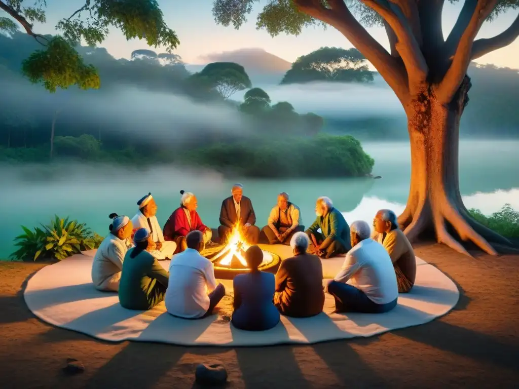 Un círculo de ancianos indígenas en la noche, iluminados por el fuego, expresando sabiduría y conexión con la naturaleza