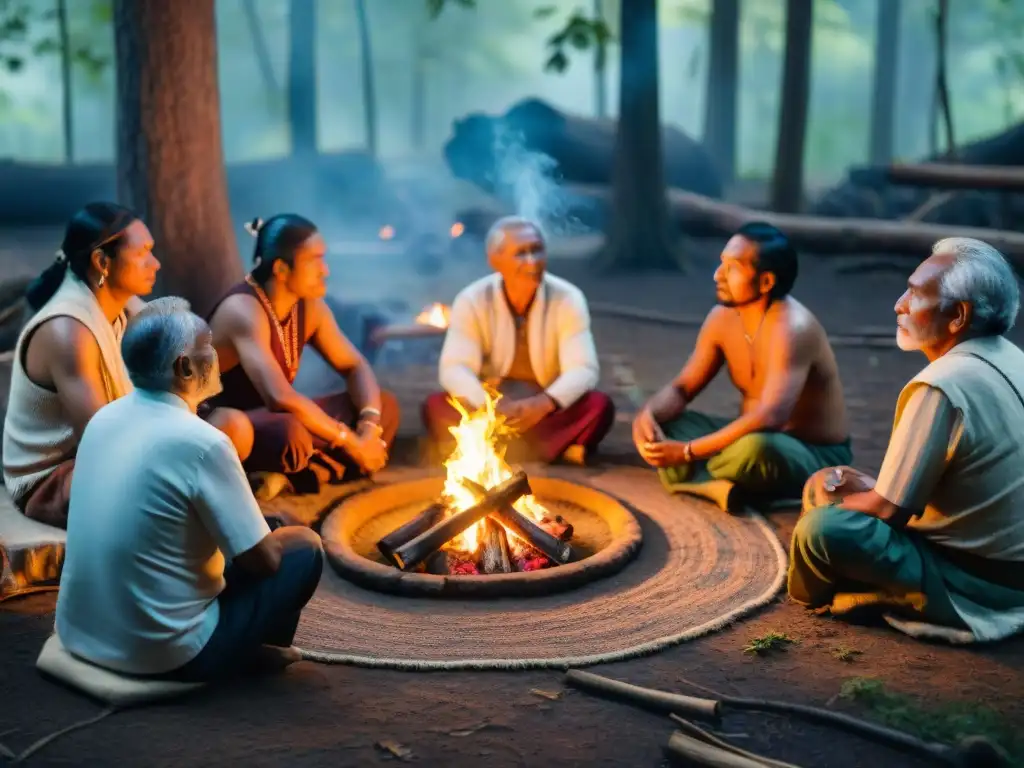 Círculo de ancianos indígenas en retiro espiritual, iluminados por el fuego en el bosque