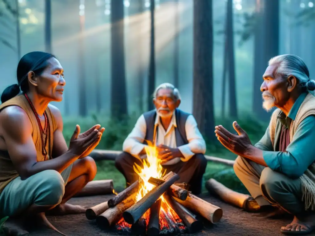 Consejo ancestral alrededor del fuego: sabiduría y tradición Un círculo de ancianos indígenas escucha con reverencia a un líder contando cuentos tradicionales alrededor de una fogata en el bosque