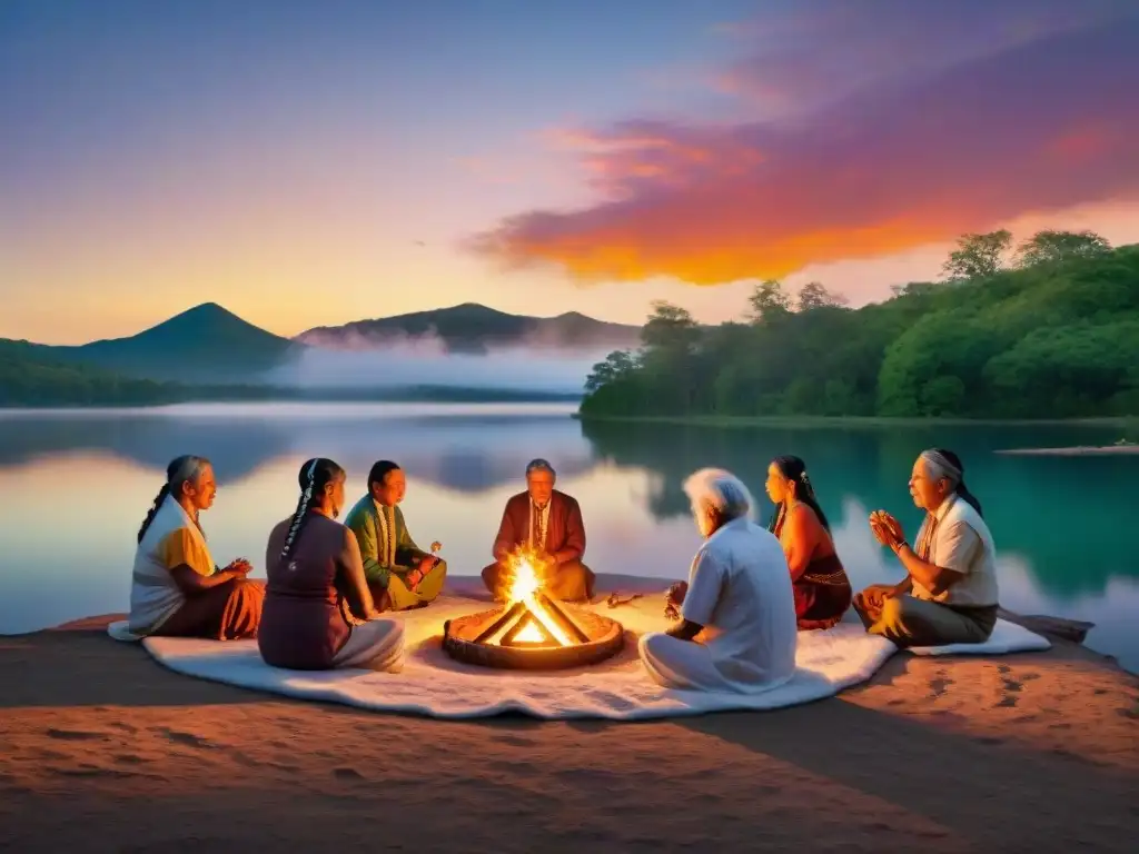 Círculo de ancianos indígenas realizando un ritual con fuego sagrado al atardecer en un lago sereno, reflejando la puesta de sol