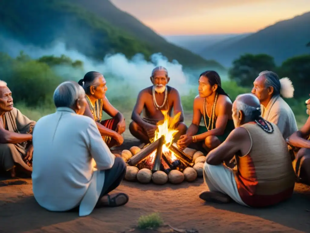 Círculo de ancianos indígenas en ritual espiritual alrededor del fuego al atardecer, practicando costumbres ancestrales en el siglo XXI