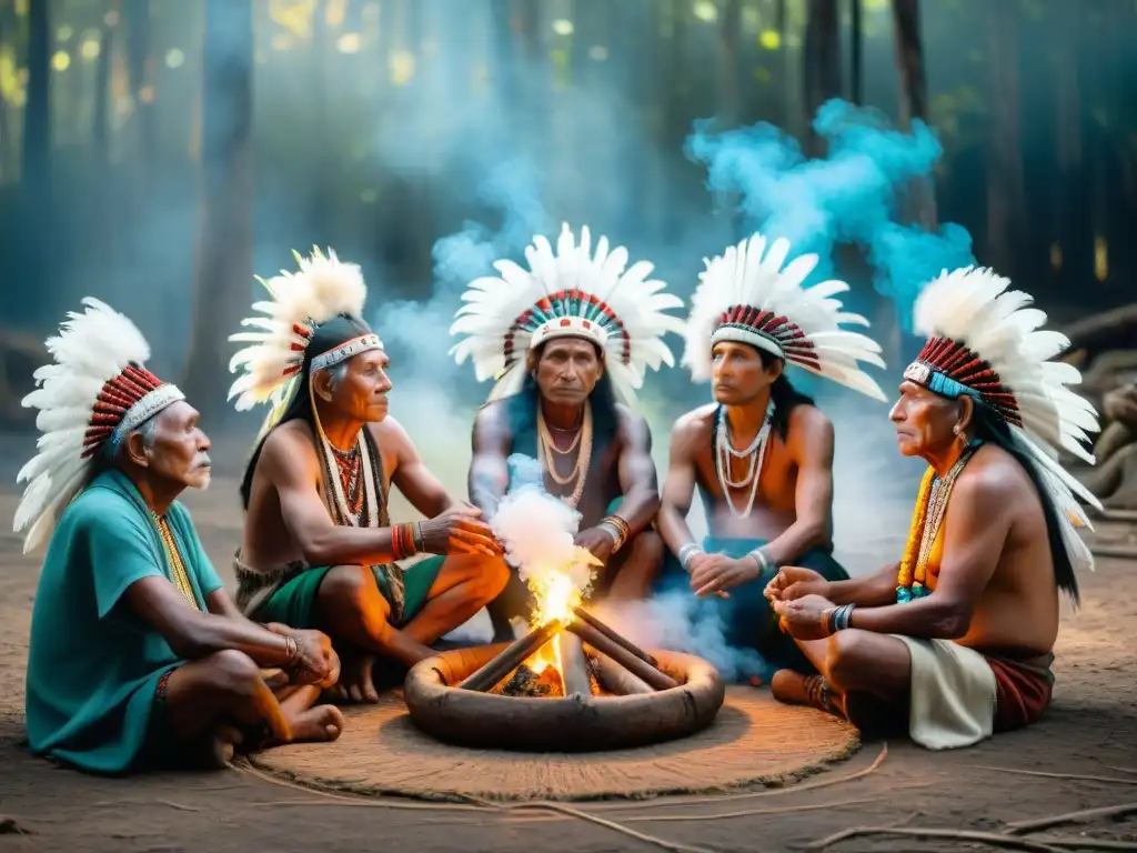 Un círculo de ancianos indígenas en un ritual de tabaco en América, con atuendos coloridos y humo sagrado entre la vegetación