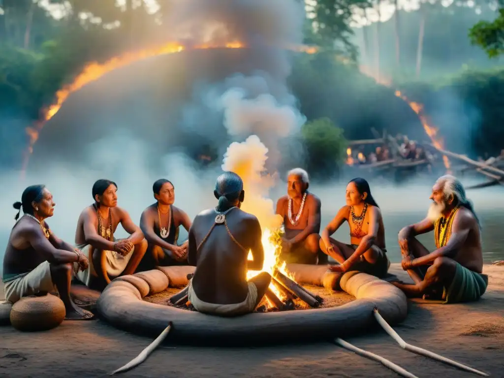 Círculo de ancianos indígenas compartiendo sabiduría y respeto en torno al fuego, en un bosque lleno de luz