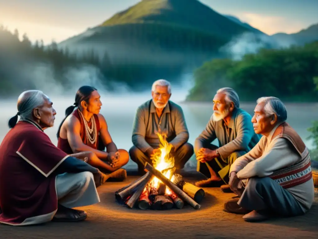 Círculo de ancianos indígenas compartiendo sabiduría alrededor de la hoguera en un entorno educativo ancestral