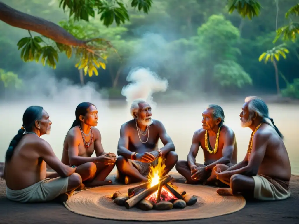 Un círculo de ancianos indígenas sabios tocando instrumentos tradicionales alrededor del fuego en un bosque exuberante