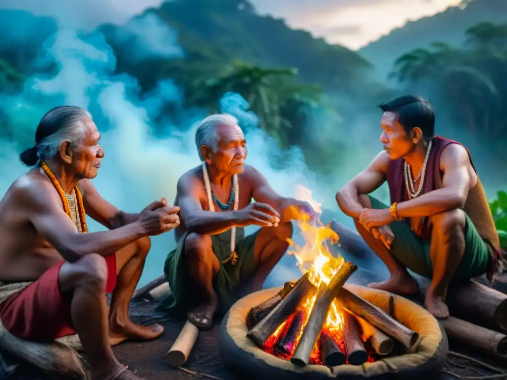 Un círculo de ancianos indígenas en la selva amazónica, preservando la historia oral de sus culturas con relatos junto al fuego