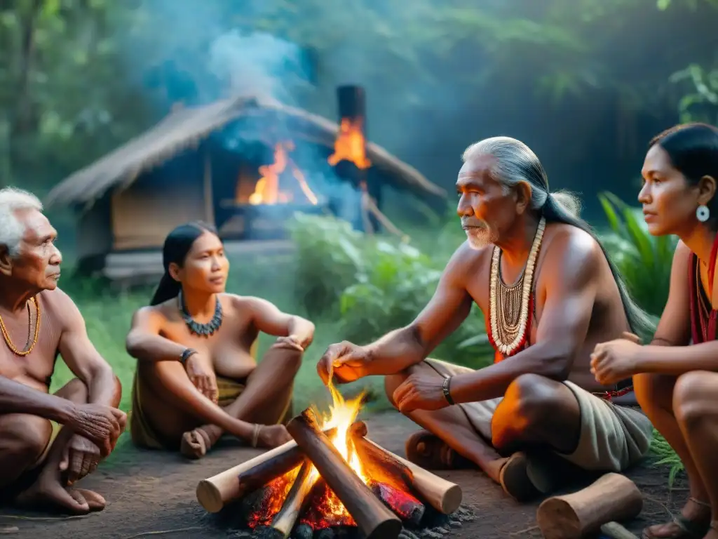 Un círculo de ancianos indígenas interpreta señales ambientales alrededor de una fogata, inmersos en la cultura