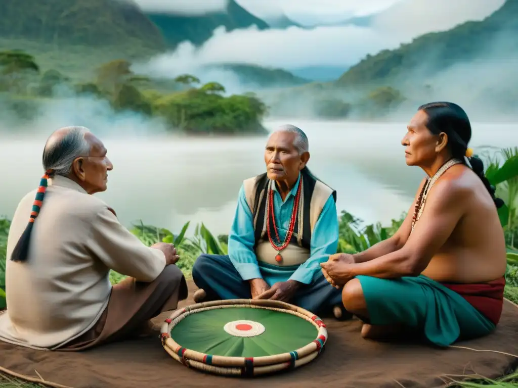 Círculo de ancianos indígenas compartiendo tradiciones y sabiduría en medio de la naturaleza