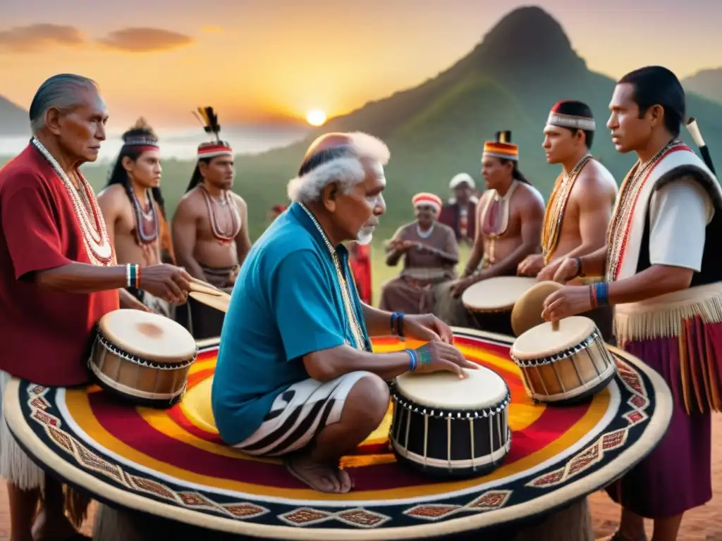 Un círculo de ancianos indígenas de diferentes tribus en América tocando tambores tradicionales, rodeados de comunidad en un atardecer vibrante