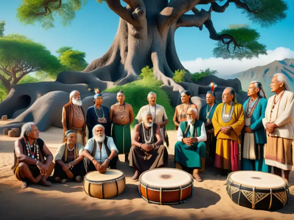 Consejo ancestral: sabiduría y tradición de los pueblos indígenas Un círculo de ancianos indígenas de diversas tribus de América se reúne bajo un árbol ancestral, compartiendo sabiduría y música